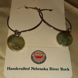 Handcrafted Silver Hoop Earrings with Green Stone Nebraska River Rock